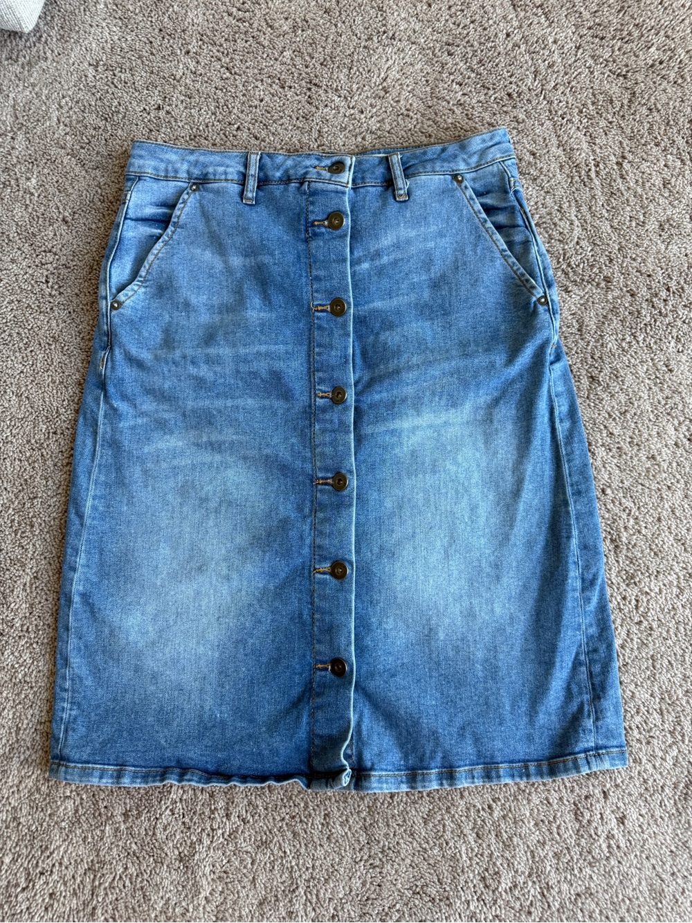 Pilcro and the Letterpress Mid-Length Button-Front Denim Skirt in Light Blue